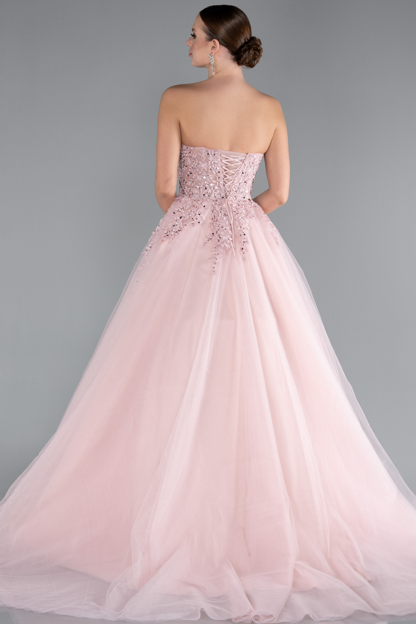 Pudra Straplez Güpürlü Uzun Özel Tasarım Nişan Elbisesi ABU4431 - Görsel 2