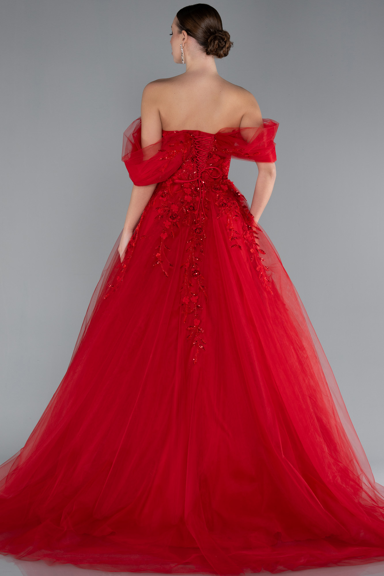 Kırmızı Kayık Yaka Çiçek İşlemeli Uzun Nişan Elbisesi ABU4720 - Görsel 2