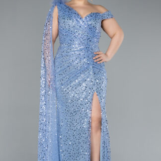 İndigo Şallı Tek Omuz Pullu Büyük Beden Nişan Abiyesi ABU3859