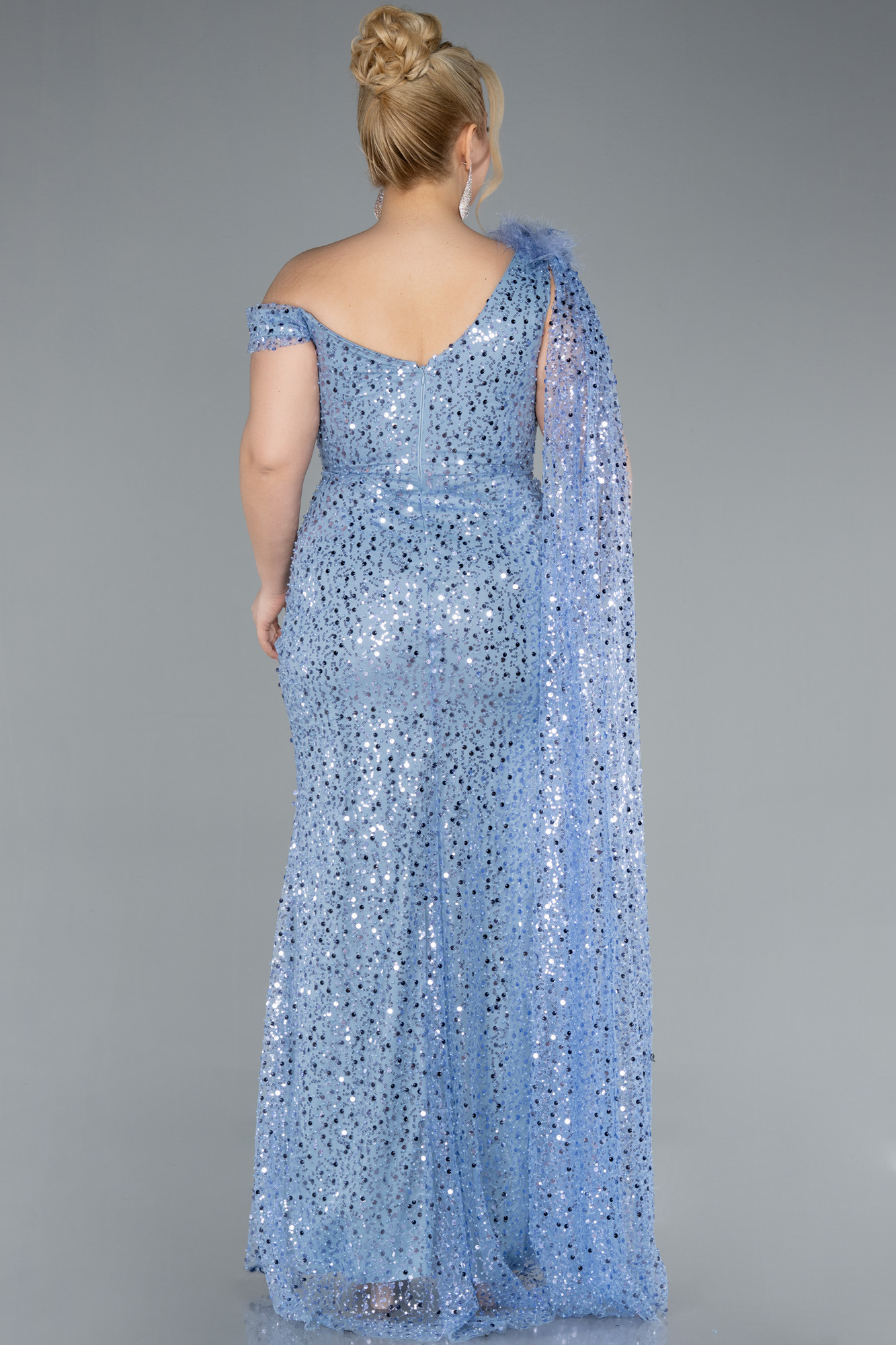 İndigo Şallı Tek Omuz Pullu Büyük Beden Nişan Abiyesi ABU3859 - Görsel 2