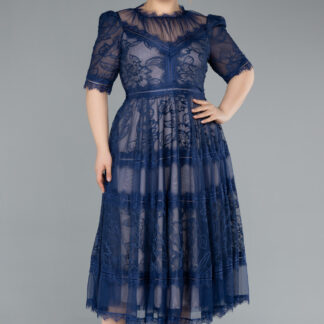 Parlement Kısa Kol Midi Dantel Büyük Beden Abiye ABK1396