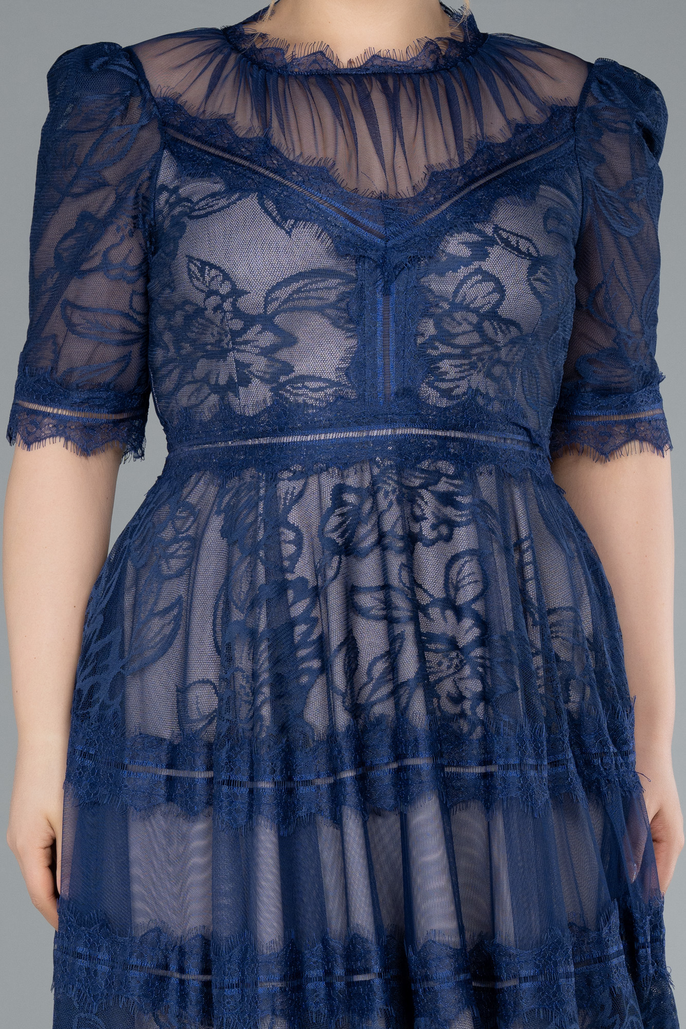 Parlement Kısa Kol Midi Dantel Büyük Beden Abiye ABK1396 - Görsel 3