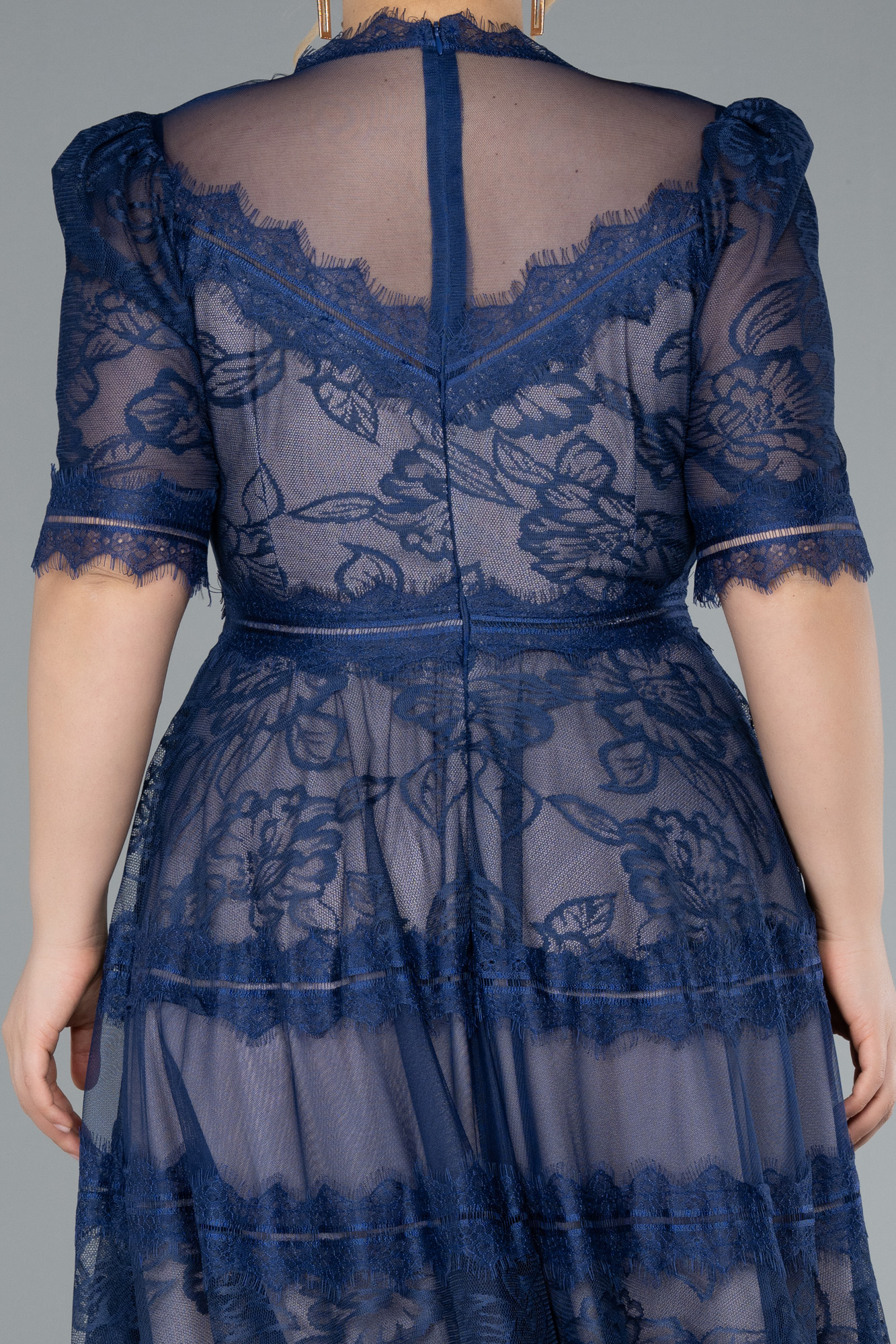 Parlement Kısa Kol Midi Dantel Büyük Beden Abiye ABK1396 - Görsel 4