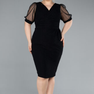 Siyah Kısa Kol Midi Simli Büyük Beden Abiye ABK2247