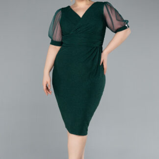 Zümrüt Yeşili Kısa Kol Midi Simli Büyük Beden Abiye ABK2247