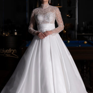 Ekru Taş İşlemeli Uzun Kol Saten Gelinlik ABG032