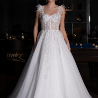 Ekru Üstü İşlemeli Balen Korse Uzun Gelinlik ABG110