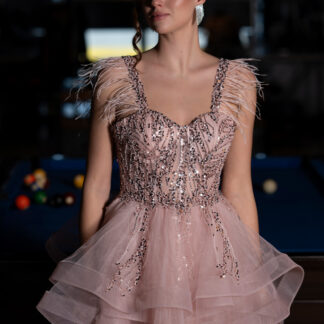 Pudra Üstü İşlemeli Balenli Kısa Nişan Elbisesi ABK2079