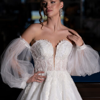 Ekru İşlemeli Straplez Kollu Uzun Simli Gelinlik ABG111