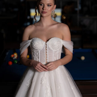 Ekru Kayık Yaka İşlemeli Balen Korse Uzun Gelinlik ABG031