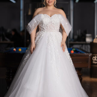 Ekru Kayık Yaka Üstü Çiçekli Uzun Simli Büyük Beden Gelinlik ABG099