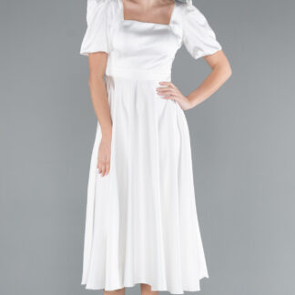 Ekru Kısa Kol Kare Yaka Midi Saten Davet Elbisesi ABK2288