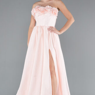 Pudra Çiçekli Straplez Yaka Yırtmaçlı Uzun Abiye ABU4337