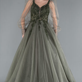 Haki Dantelli Taş İşlemeli Uzun Kol Özel Tasarım Abiye ABU2790