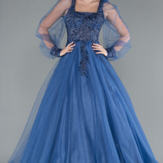 İndigo Taş İşlemeli Uzun Tül Kol Özel Tasarım Abiye ABU2791