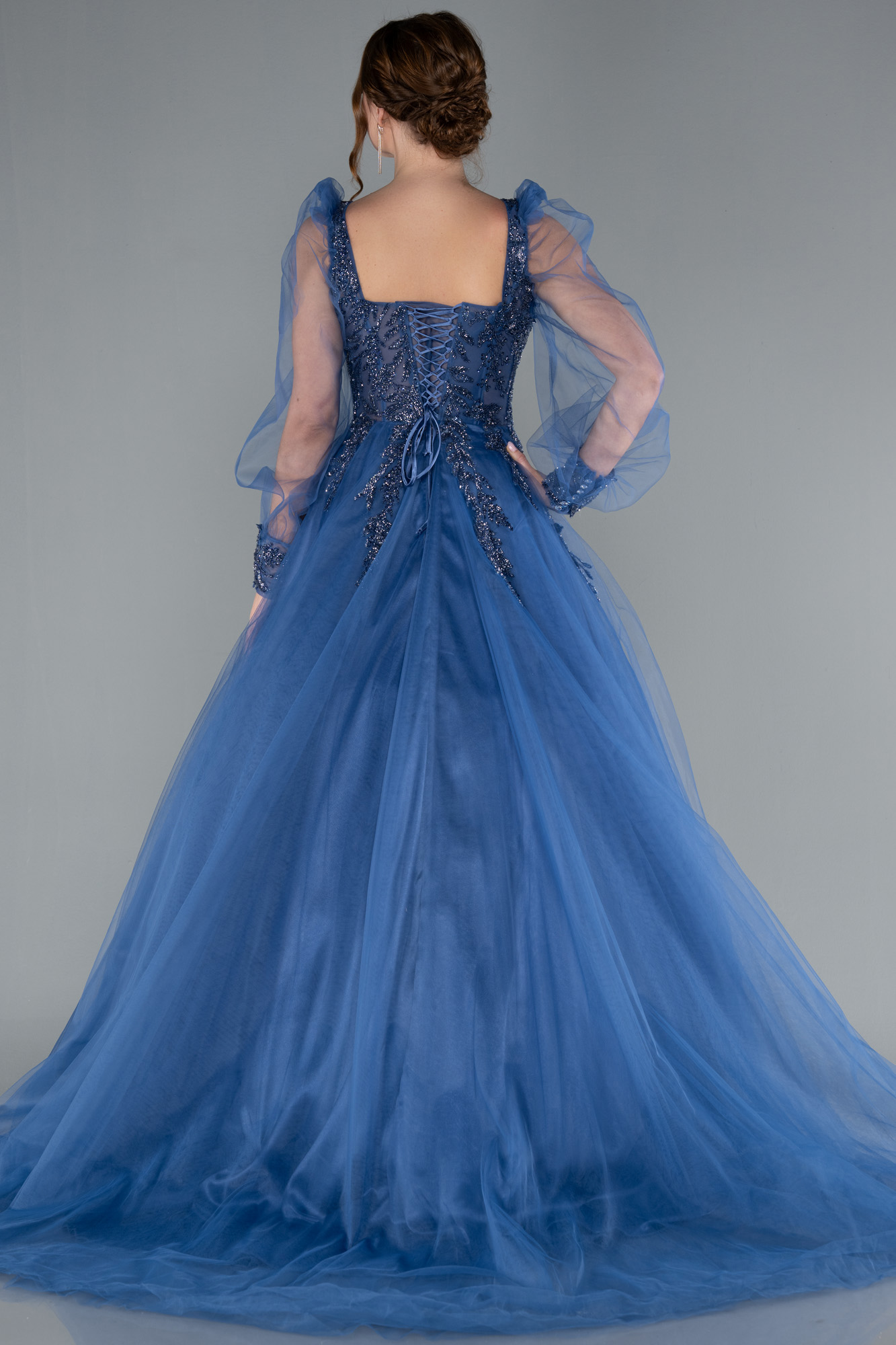 İndigo Taş İşlemeli Uzun Tül Kol Özel Tasarım Abiye ABU2791 - Görsel 2