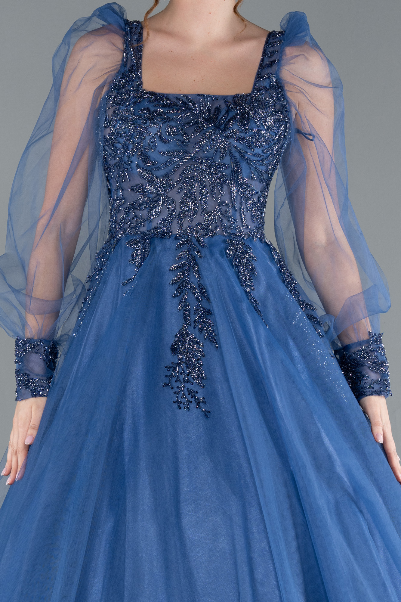 İndigo Taş İşlemeli Uzun Tül Kol Özel Tasarım Abiye ABU2791 - Görsel 3