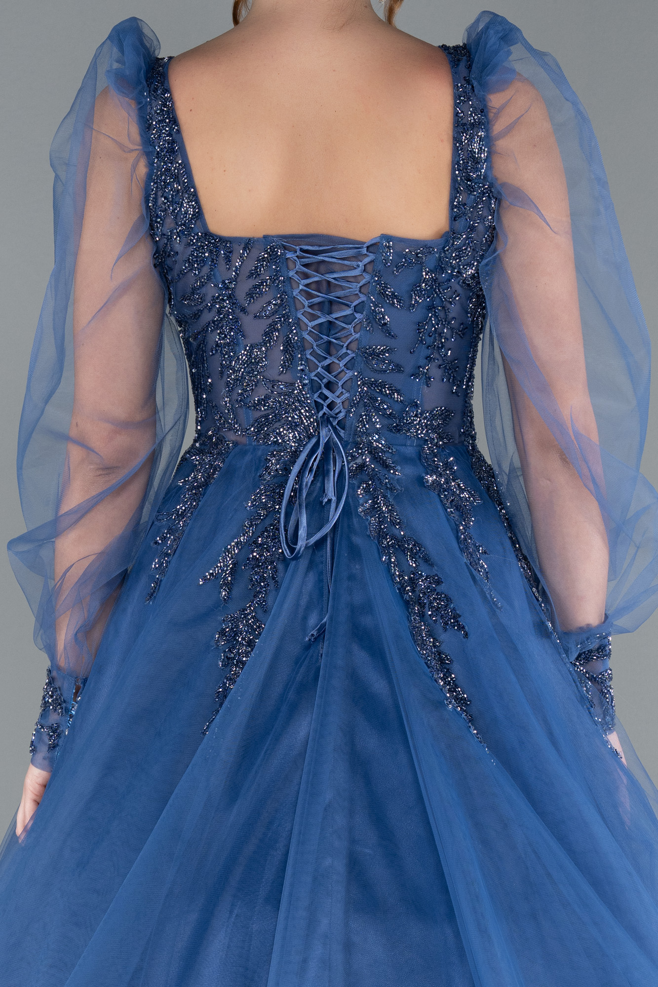 İndigo Taş İşlemeli Uzun Tül Kol Özel Tasarım Abiye ABU2791 - Görsel 4