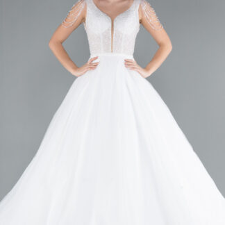 Ekru Üstü Taşlı Uzun Simli Prenses Gelinlik ABG090