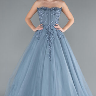 Gri Straplez Güpür İşlemeli Uzun Özel Tasarım Nişanlık ABU4431