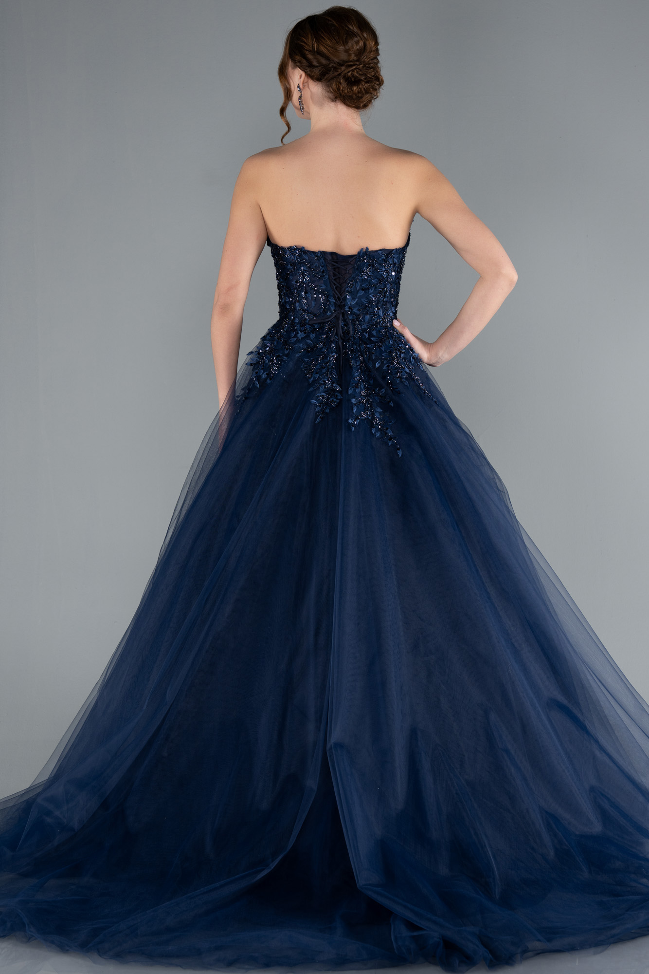 Lacivert Straplez Güpürlü Uzun Özel Tasarım Nişanlık ABU4431 - Görsel 4