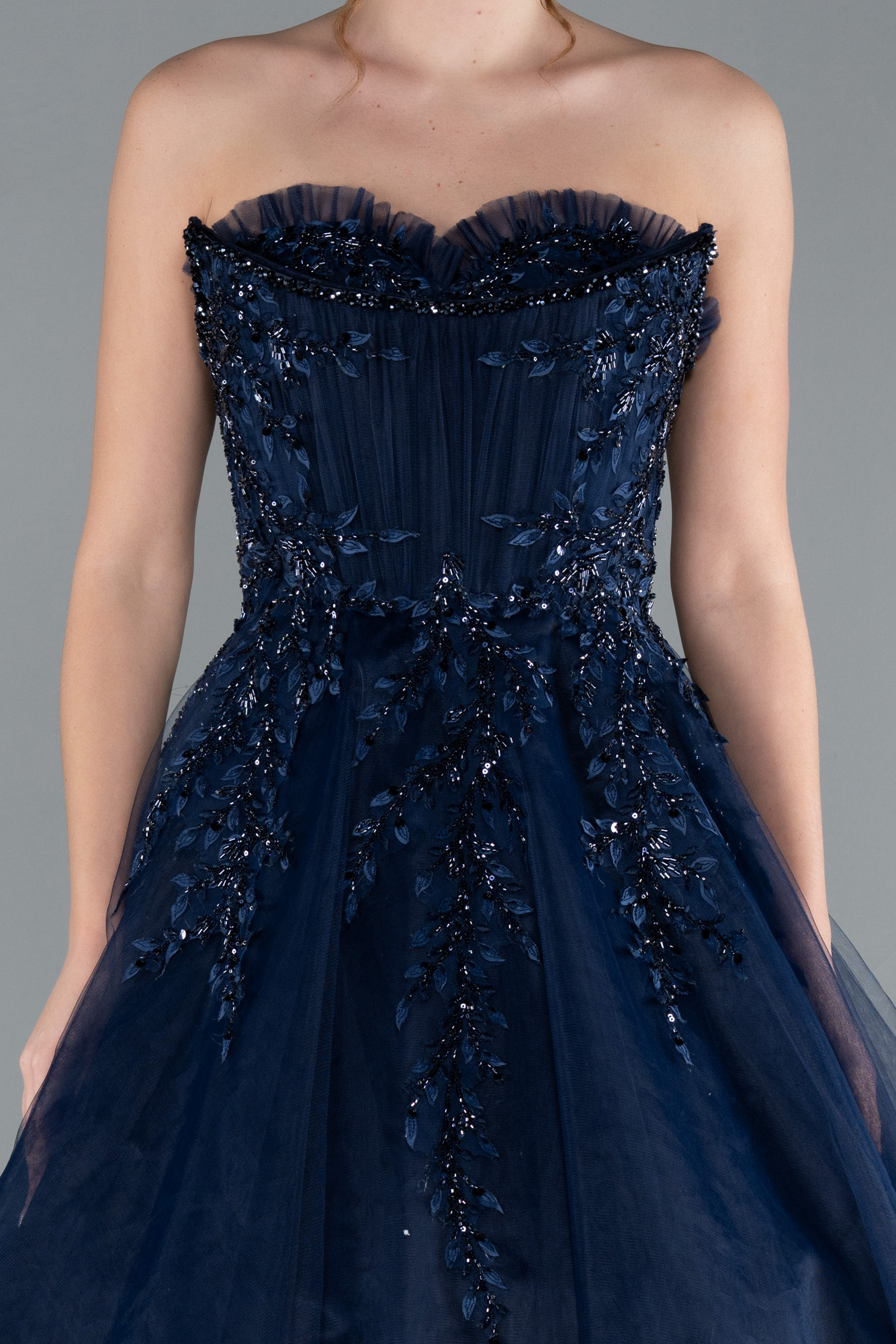 Lacivert Straplez Güpürlü Uzun Özel Tasarım Nişanlık ABU4431 - Görsel 5