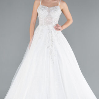 Ekru Askılı Üstü Taşlı Uzun Simli Prenses Gelinlik ABG106