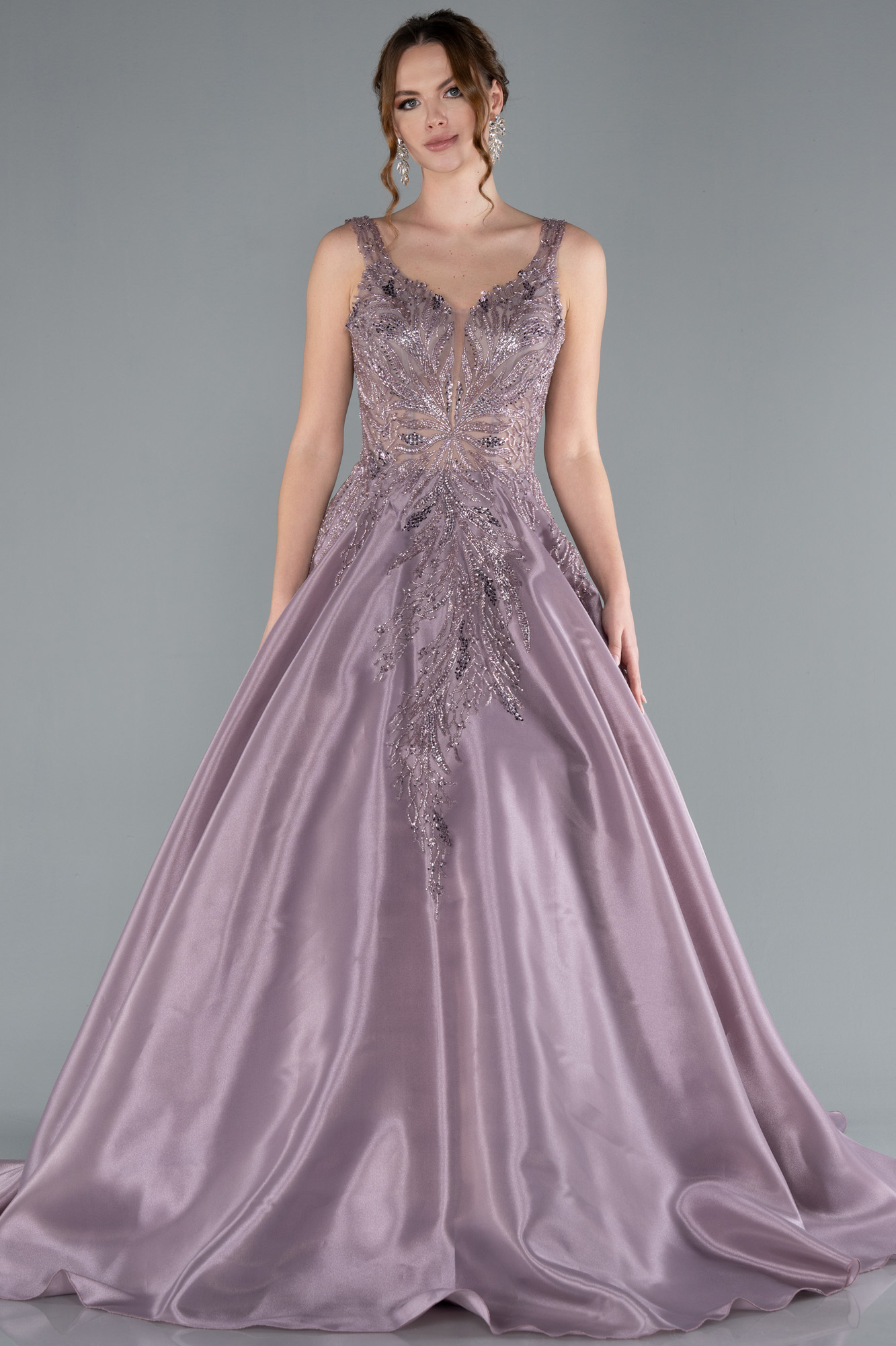 Lavanta Üstü Taş İşlemeli Uzun Nişan Elbisesi ABU4551 - Görsel 2