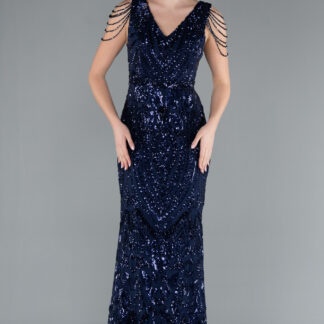 Lacivert V Yaka Uzun Pullu Balık Abiye ABU3842