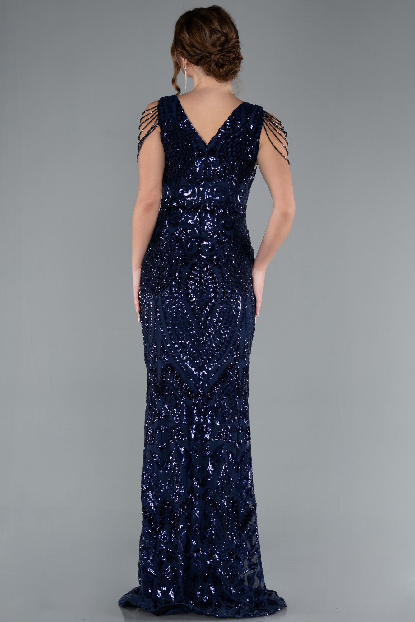 Lacivert V Yaka Uzun Pullu Balık Abiye ABU3842 - Görsel 2