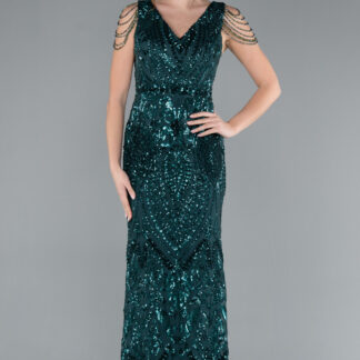 Zümrüt Yeşili V Yaka Uzun Pullu Balık Abiye ABU3842