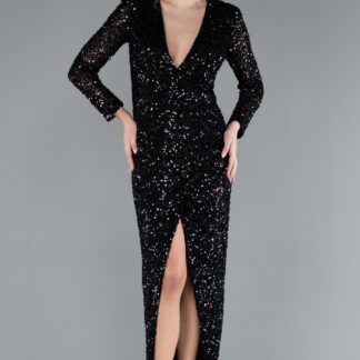 Siyah Uzun Kol V Yaka Yırtmaçlı Pullu Abiye Elbise ABU4763