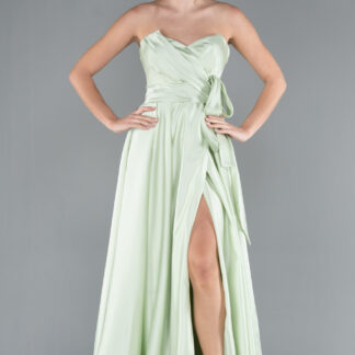 Mint Straplez Bacak Dekolteli Uzun Saten Mezuniyet Elbisesi ABU4774