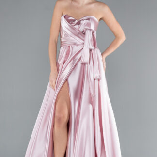 Pudra Straplez Bacak Dekolteli Uzun Saten Mezuniyet Elbisesi ABU4774