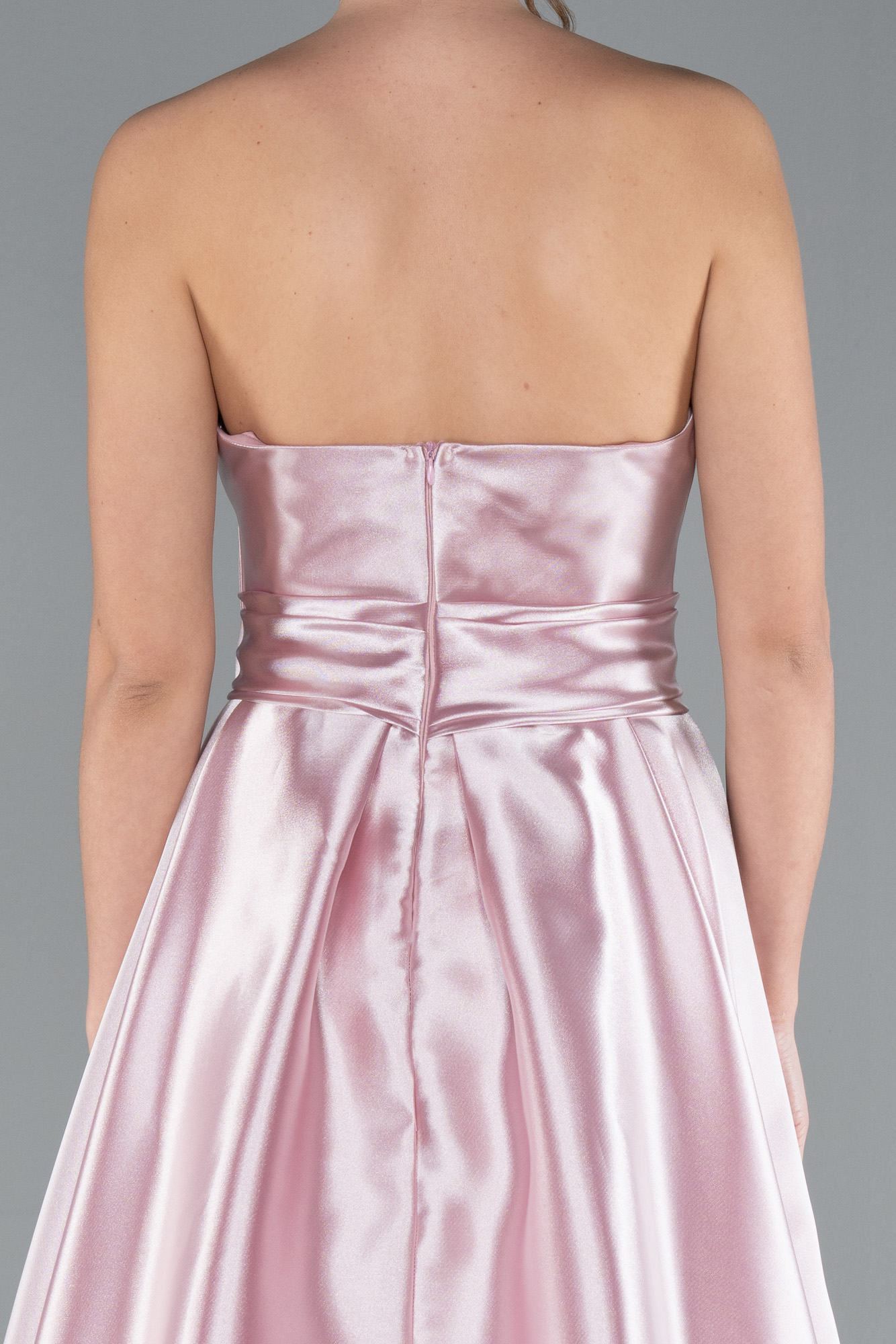 Pudra Straplez Bacak Dekolteli Uzun Saten Mezuniyet Elbisesi ABU4774 - Görsel 4