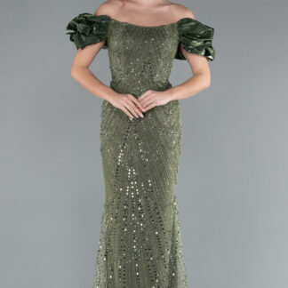 Haki Kısa Kol Boncuklu Uzun Taşlı Balık Abiye Elbise ABU4509