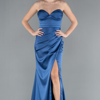 Parlement Straplez Bacak Dekolteli Uzun Saten Abiye ABU4663