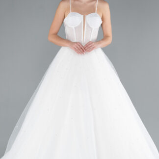 Ekru Boncuk İşlemeli Askılı Uzun Prenses Model Gelinlik ABG037