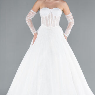 Ekru Straplez Dantelli Uzun Kol Balen Korse Gelinlik ABG038