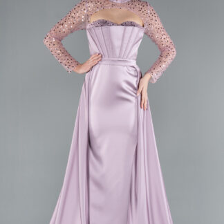 Açık Lavanta Büstiyer Detay Pullu Uzun Kol Kuyruklu Saten Abiye ABU4765