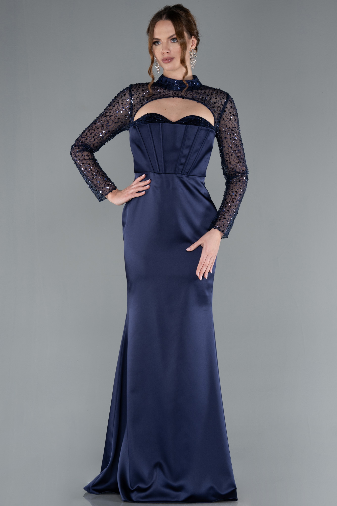 Lacivert Büstiyer Detay Pullu Uzun Kol Kuyruklu Saten Abiye ABU4765 - Görsel 2