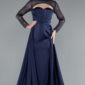 Lacivert Büstiyer Detay Pullu Uzun Kol Kuyruklu Saten Abiye ABU4765