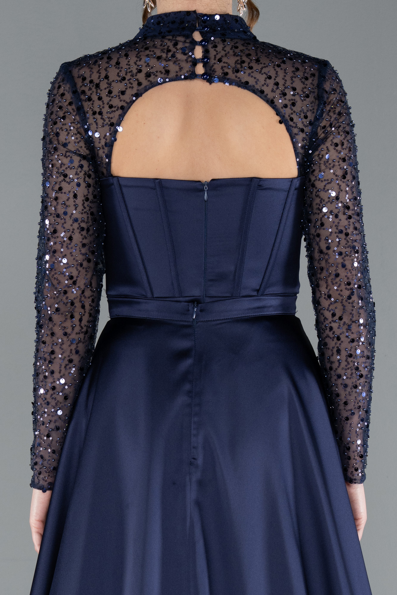 Lacivert Büstiyer Detay Pullu Uzun Kol Kuyruklu Saten Abiye ABU4765 - Görsel 5