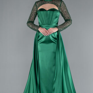 Zümrüt Yeşili Büstiyer Detay Pullu Uzun Kol Kuyruklu Saten Abiye ABU4765