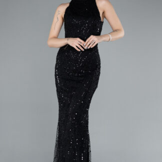 Siyah Halter Yaka Boncuklu Uzun Balık Abiye ABU4791