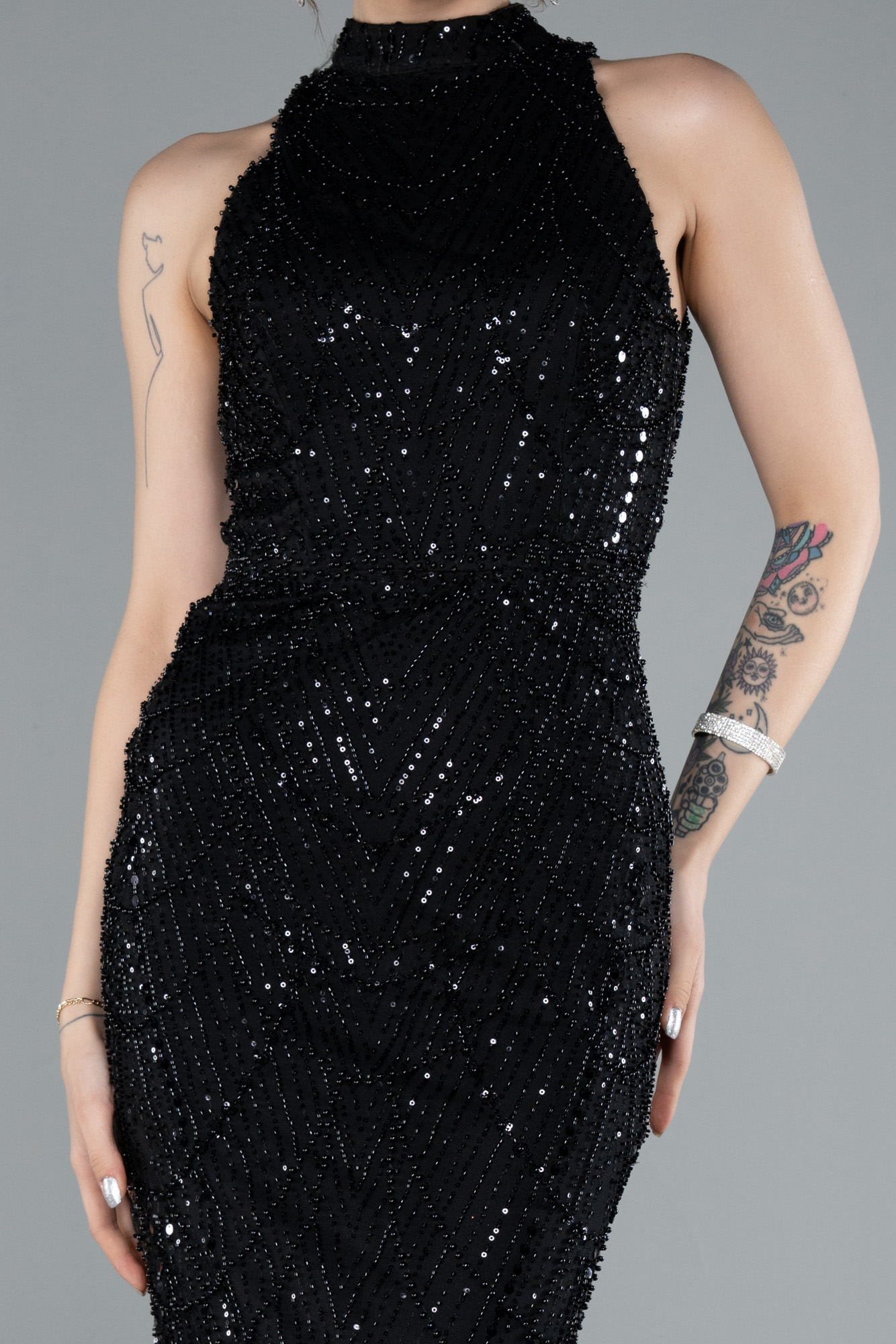 Siyah Halter Yaka Boncuklu Uzun Balık Abiye ABU4791 - Görsel 3