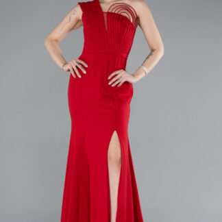 Kırmızı Tek Omuz Bacak Dekolteli Uzun Abiye ABU4793