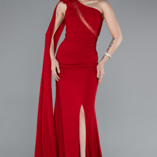 Kırmızı Tek Omuz Bacak Dekolteli Uzun Balık Abiye ABU5177