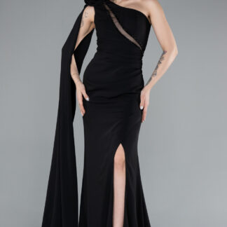 Siyah Şallı Tek Omuz Bacak Dekolteli Uzun Balık Abiye ABU4808