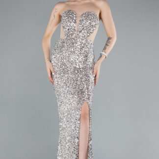 Bej Straplez Bacak Dekolteli Uzun Pullu Balık Abiye ABU4790